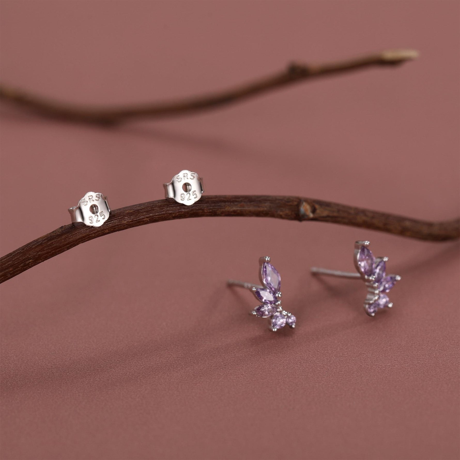 Amethyst Purple CZ Marquise Cluster Stud Earrings in Sterling Silver, Silver or Gold, Marquise Earrings, CZ Wing Earrings, Mini Crawler