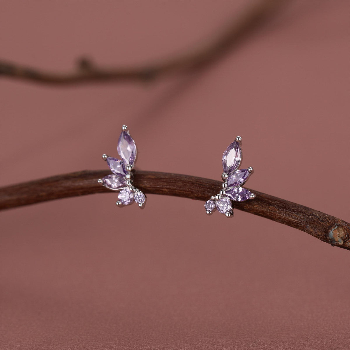 Amethyst Purple CZ Marquise Cluster Stud Earrings in Sterling Silver, Silver or Gold, Marquise Earrings, CZ Wing Earrings, Mini Crawler