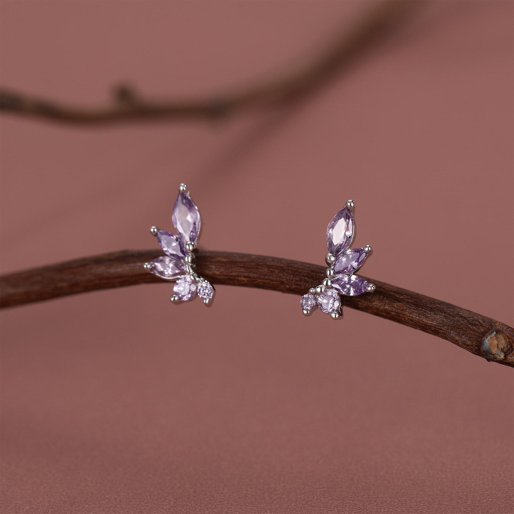 Amethyst Purple CZ Marquise Cluster Stud Earrings in Sterling Silver, Silver or Gold, Marquise Earrings, CZ Wing Earrings, Mini Crawler