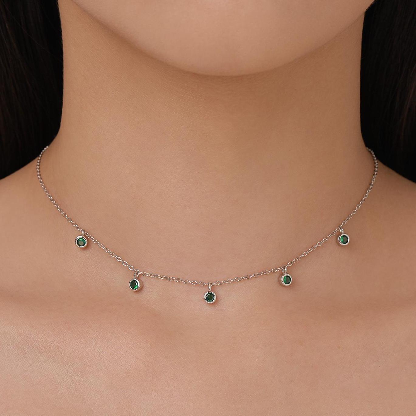 Emerald Green CZ Charm Necklace in Sterling Silver, Silver or Gold, Satellite Crystal Necklace, Solid Silver Necklace
