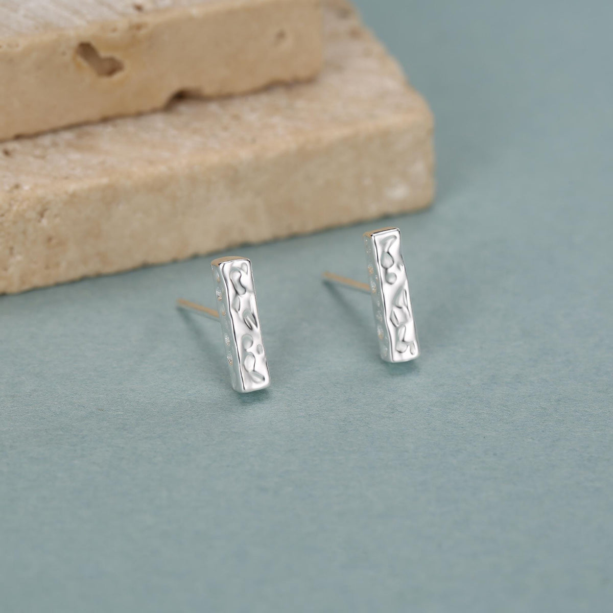 Hammered Bar Stud Earrings in Sterling Silver, Silver or Gold, Tiny Silver Bar Earrings