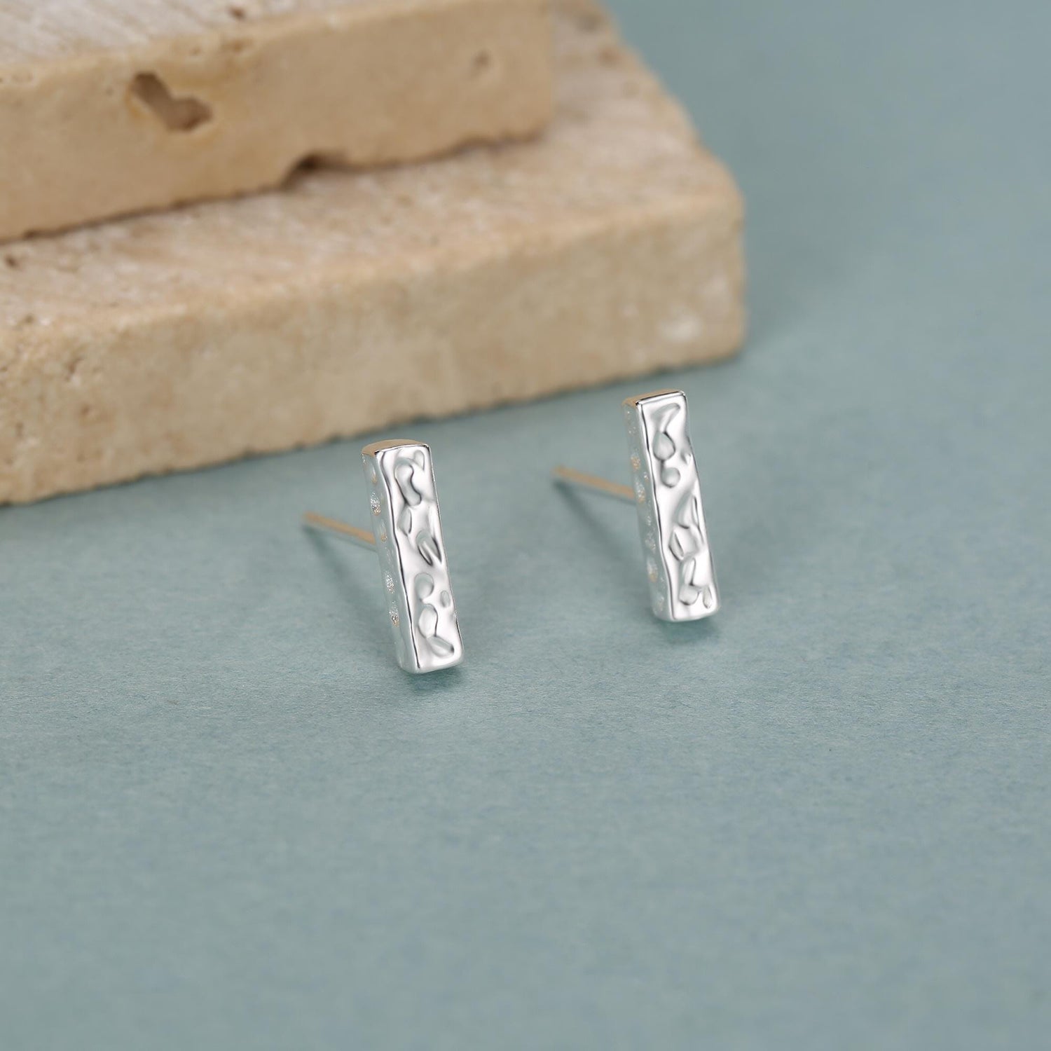 Hammered Bar Stud Earrings in Sterling Silver, Silver or Gold, Tiny Silver Bar Earrings