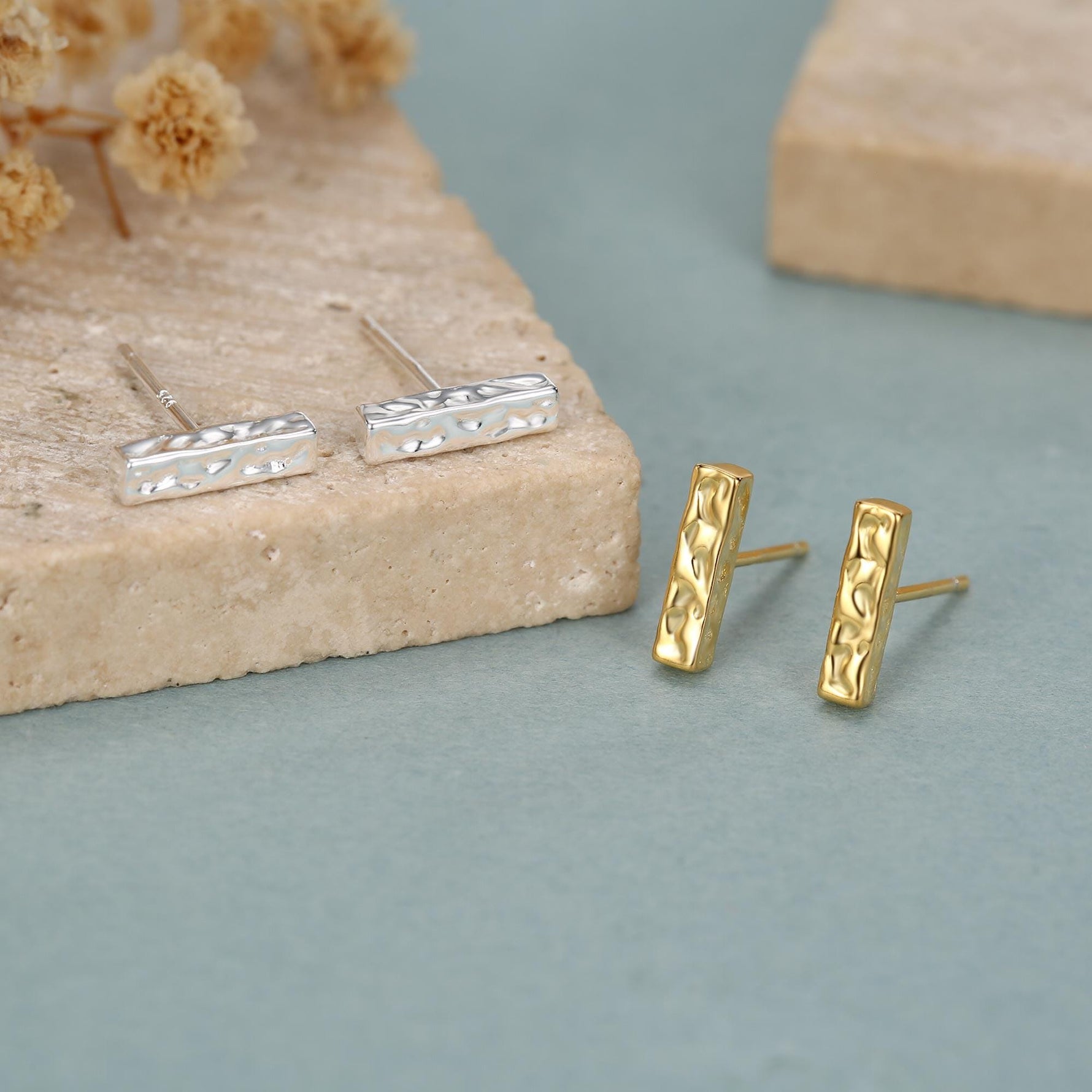 Hammered Bar Stud Earrings in Sterling Silver, Silver or Gold, Tiny Silver Bar Earrings