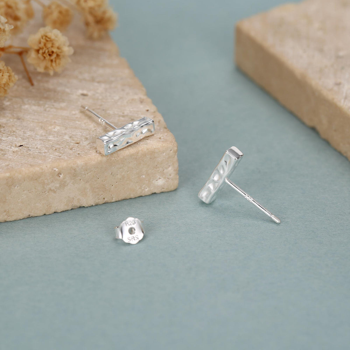 Hammered Bar Stud Earrings in Sterling Silver, Silver or Gold, Tiny Silver Bar Earrings