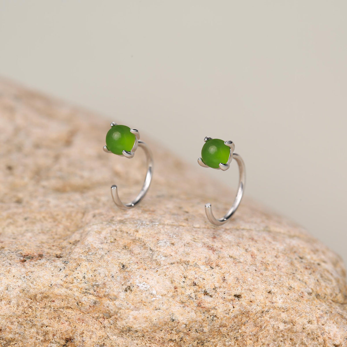 Genuine Jade Crystal Huggie Hoop Earrings in Sterling Silver, 4mm Natural Jade Open Hoops, Pull Through Threaders, Half Hoops, C Shape Hoops