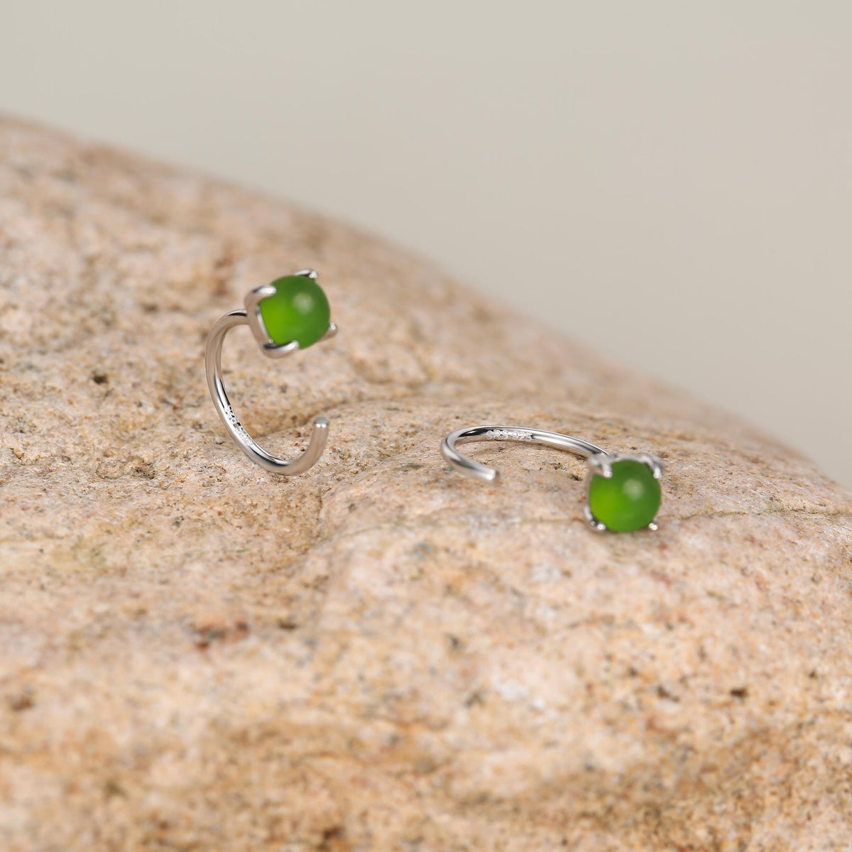 Genuine Jade Crystal Huggie Hoop Earrings in Sterling Silver, 4mm Natural Jade Open Hoops, Pull Through Threaders, Half Hoops, C Shape Hoops