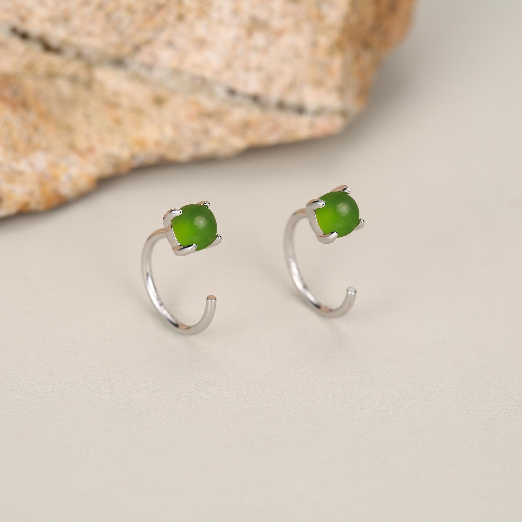 Genuine Jade Crystal Huggie Hoop Earrings in Sterling Silver, 4mm Natural Jade Open Hoops, Pull Through Threaders, Half Hoops, C Shape Hoops