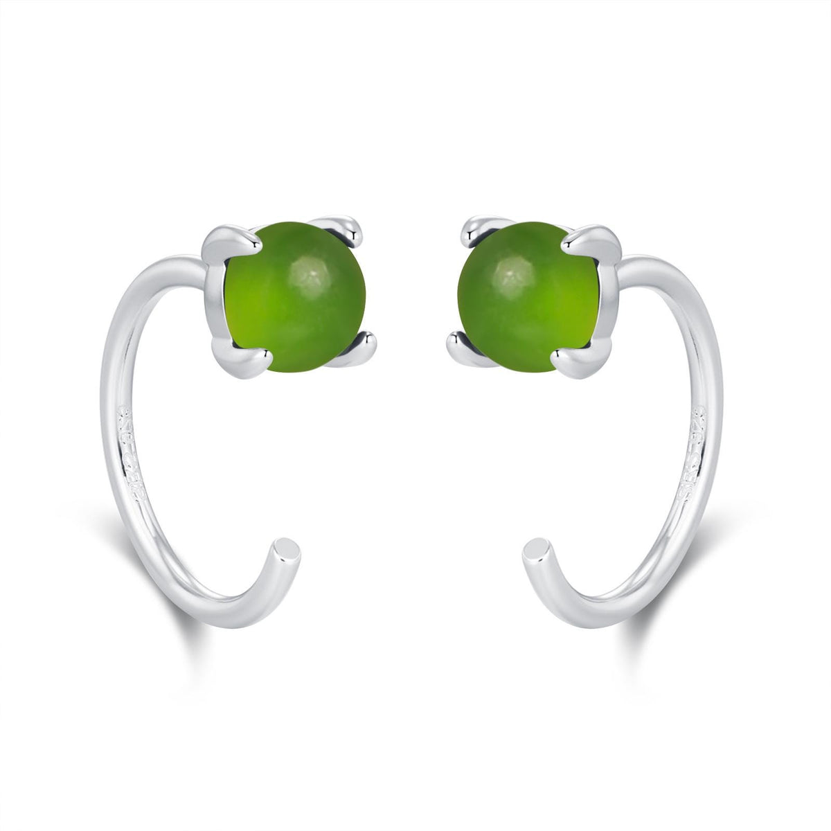 Genuine Jade Crystal Huggie Hoop Earrings in Sterling Silver, 4mm Natural Jade Open Hoops, Pull Through Threaders, Half Hoops, C Shape Hoops