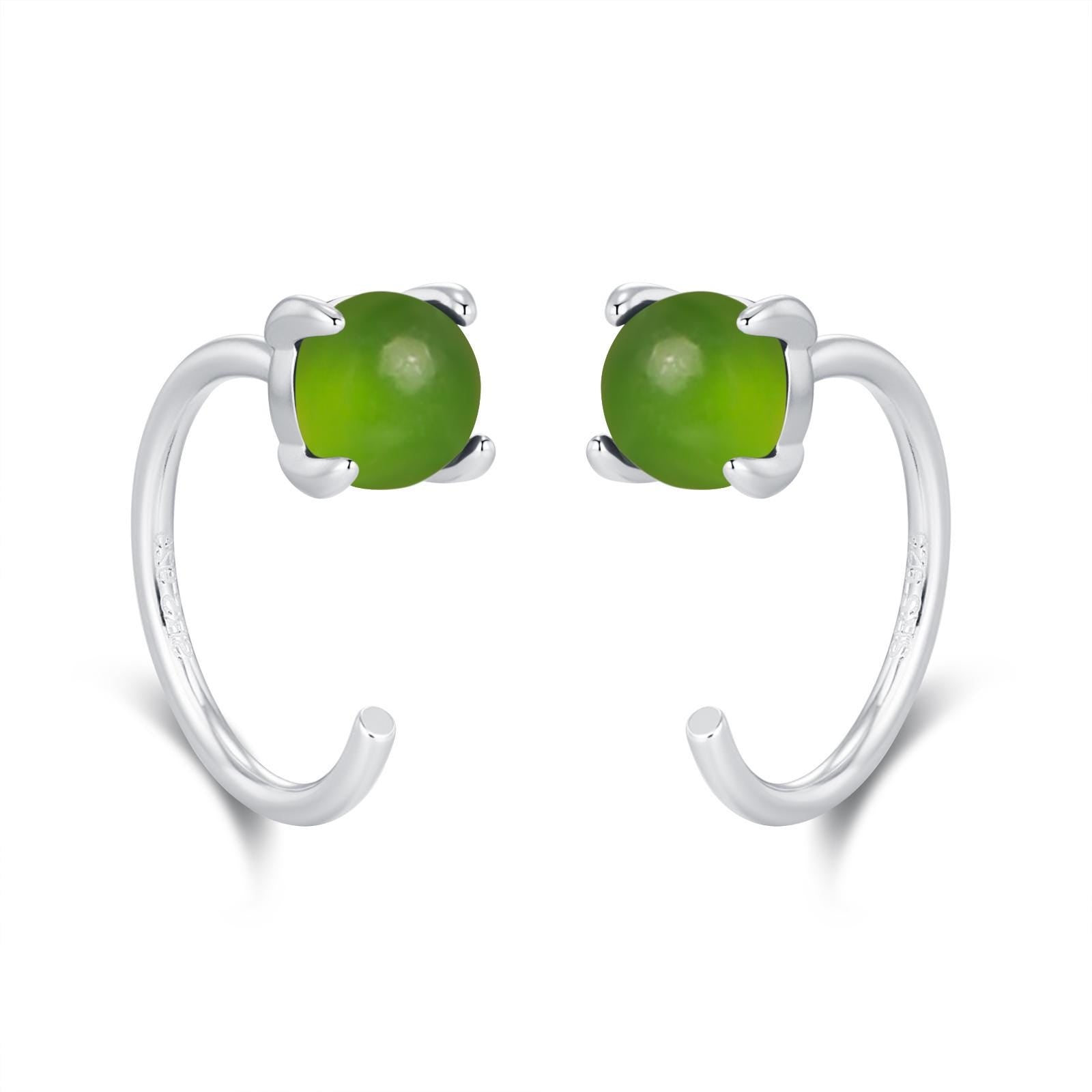 Genuine Jade Crystal Huggie Hoop Earrings in Sterling Silver, 4mm Natural Jade Open Hoops, Pull Through Threaders, Half Hoops, C Shape Hoops