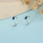 Sapphire Blue CZ Droplet Huggie Hoop Earrings in Sterling Silver, Tiny Blue Pear Cut CZ Open Hoops, Pull Through Threaders, Half Hoops