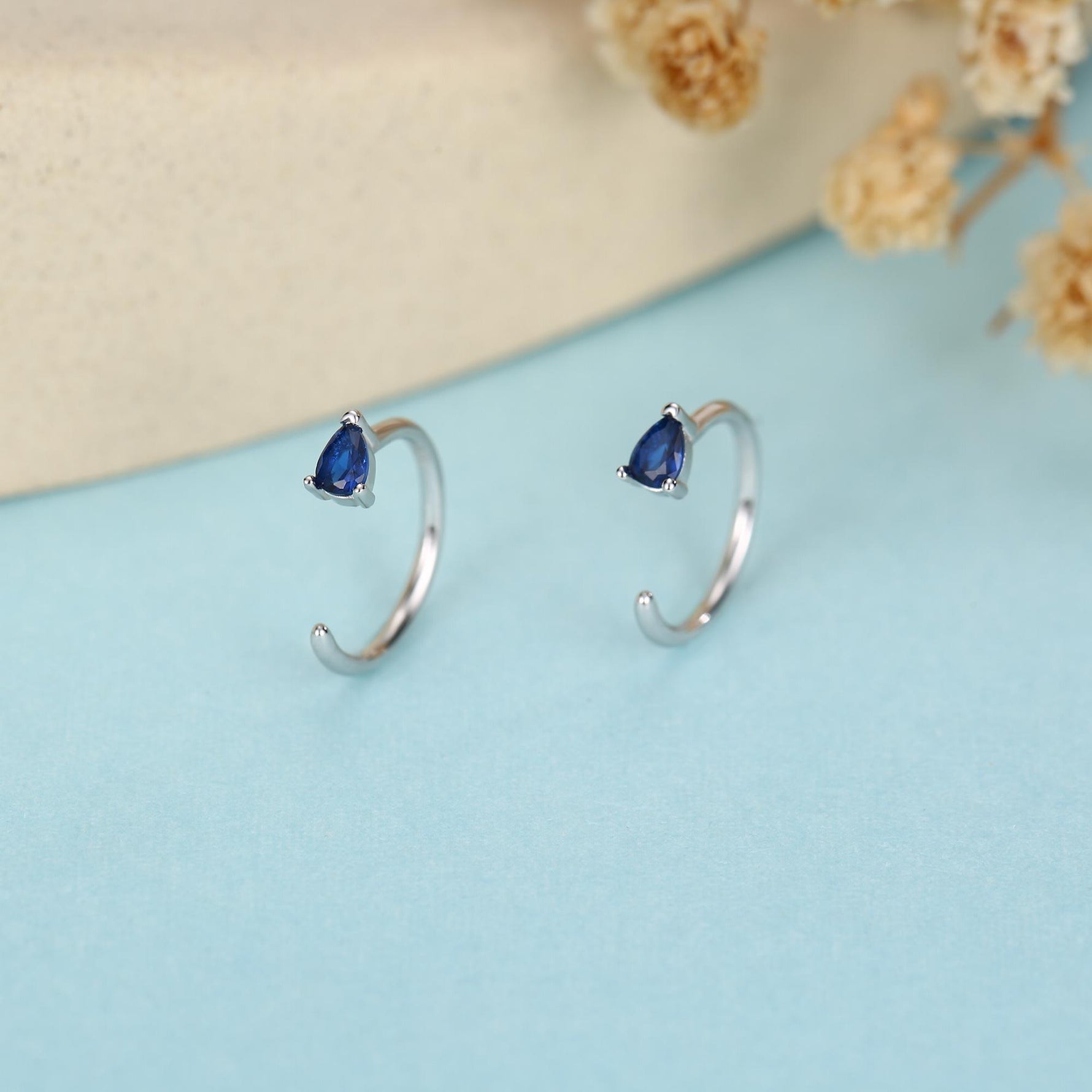 Sapphire Blue CZ Droplet Huggie Hoop Earrings in Sterling Silver, Tiny Blue Pear Cut CZ Open Hoops, Pull Through Threaders, Half Hoops