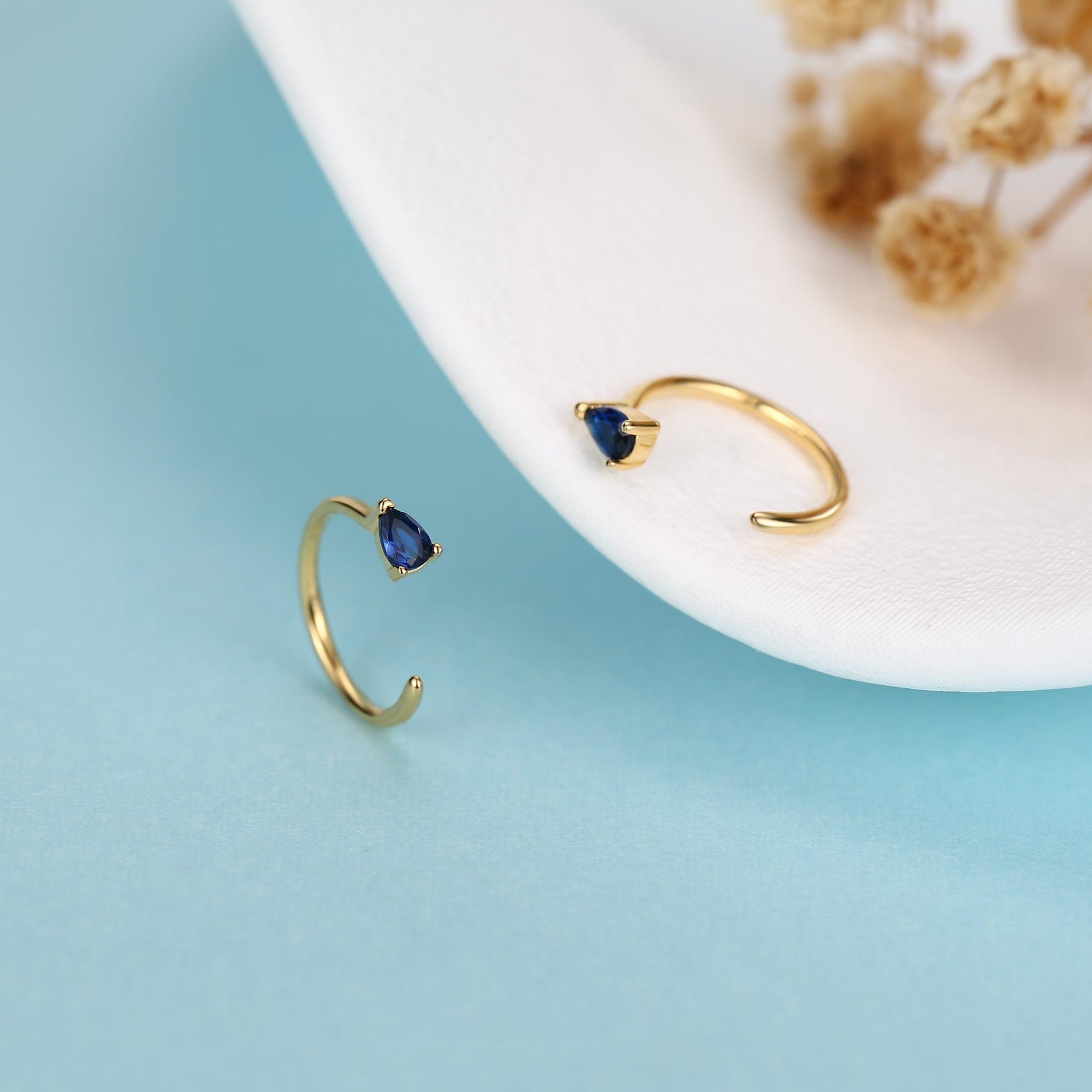 Sapphire Blue CZ Droplet Huggie Hoop Earrings in Sterling Silver, Tiny Blue Pear Cut CZ Open Hoops, Pull Through Threaders, Half Hoops
