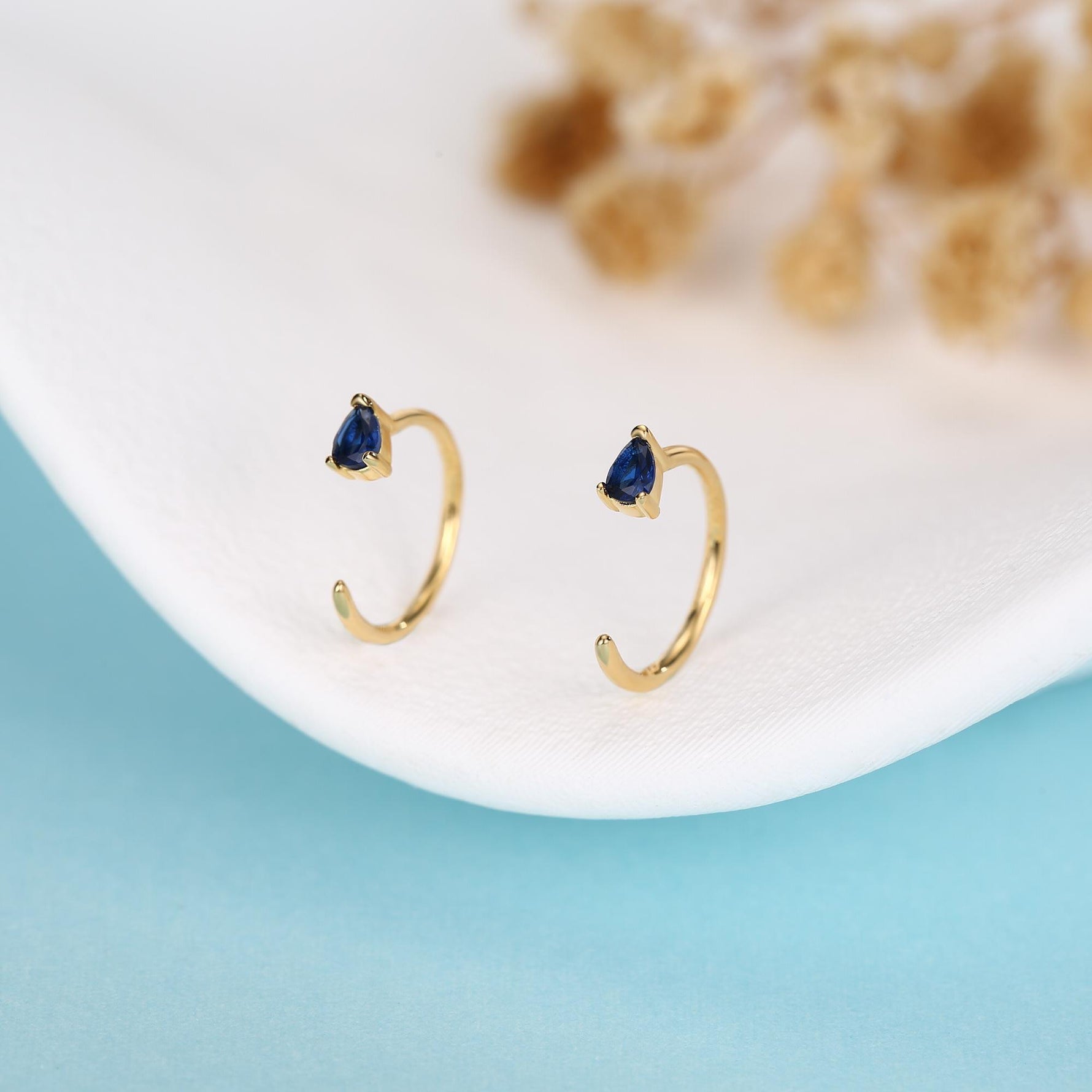 Sapphire Blue CZ Droplet Huggie Hoop Earrings in Sterling Silver, Tiny Blue Pear Cut CZ Open Hoops, Pull Through Threaders, Half Hoops
