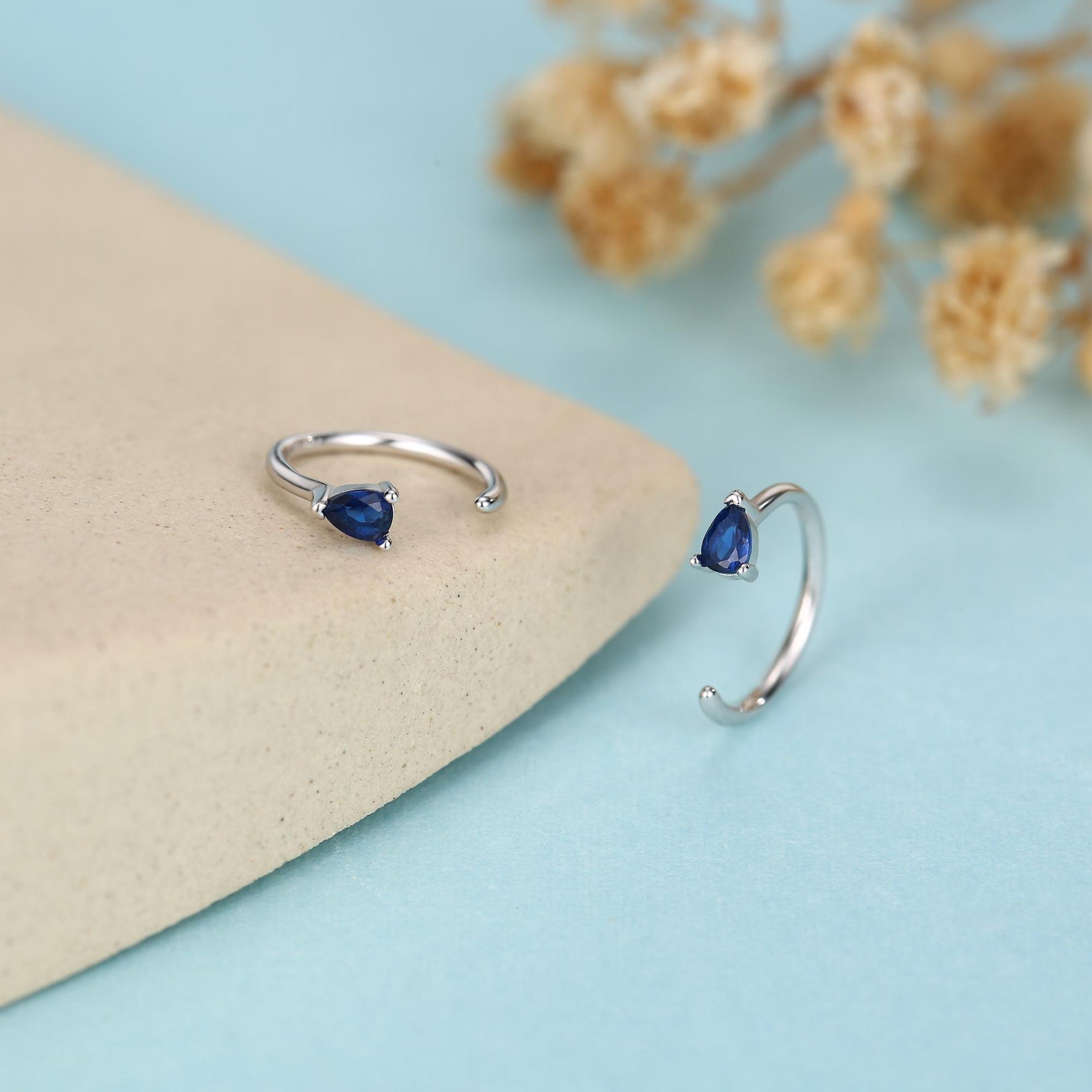 Sapphire Blue CZ Droplet Huggie Hoop Earrings in Sterling Silver, Tiny Blue Pear Cut CZ Open Hoops, Pull Through Threaders, Half Hoops