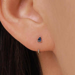 Sapphire Blue CZ Droplet Huggie Hoop Earrings in Sterling Silver, Tiny Blue Pear Cut CZ Open Hoops, Pull Through Threaders, Half Hoops