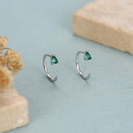 Emerald Green Tiny Droplet CZ Open Huggie Hoop Earrings in Sterling Silver