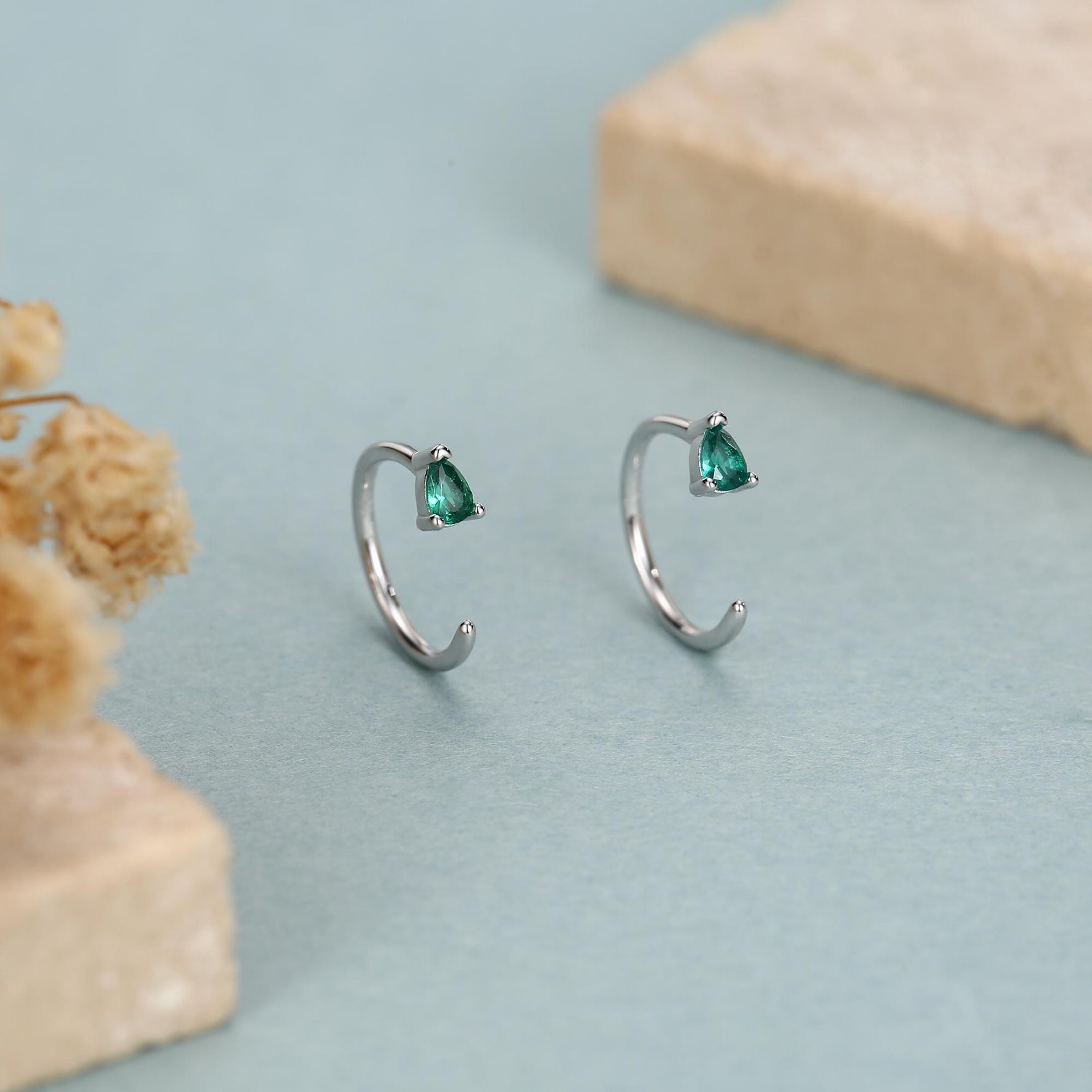 Emerald Green Tiny Droplet CZ Open Huggie Hoop Earrings in Sterling Silver