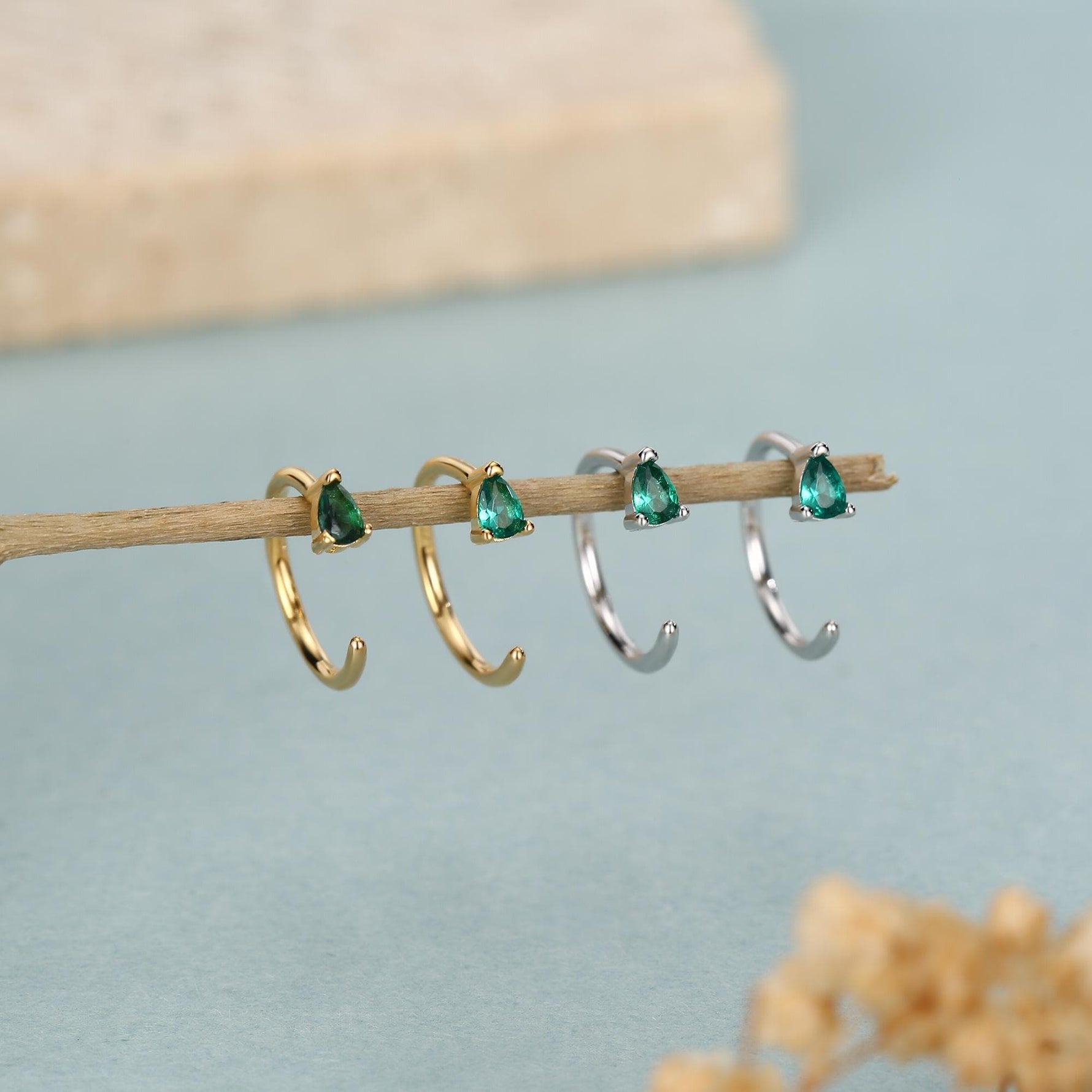 Emerald Green Tiny Droplet CZ Open Huggie Hoop Earrings in Sterling Silver