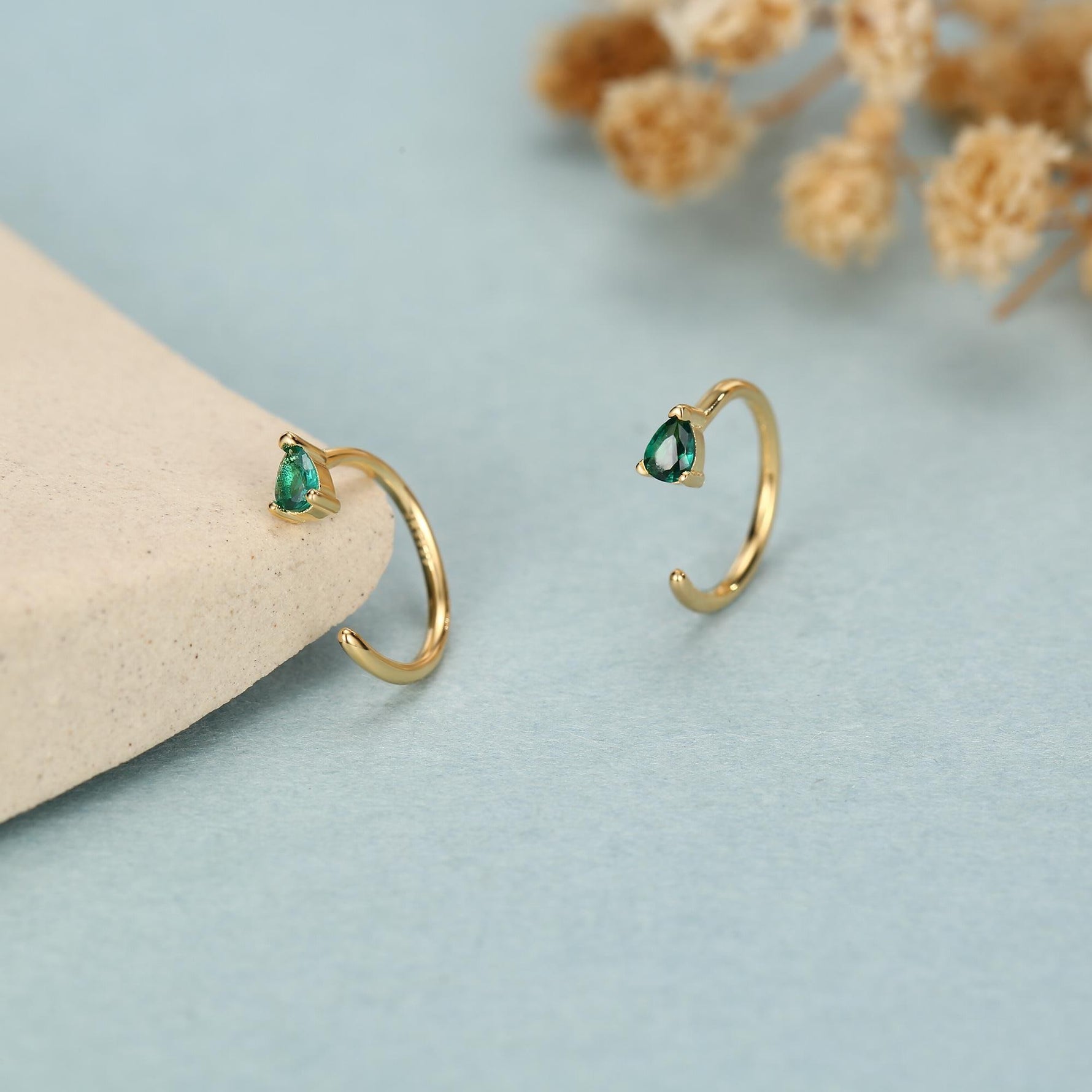 Emerald Green Tiny Droplet CZ Open Huggie Hoop Earrings in Sterling Silver