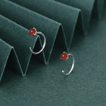 Genuine Red Onyx Huggie Hoop Earrings in Sterling Silver, 3mm Natural Red Chalcedony Open Hoops, Pull Through Threaders, Half Hoops, C Shape