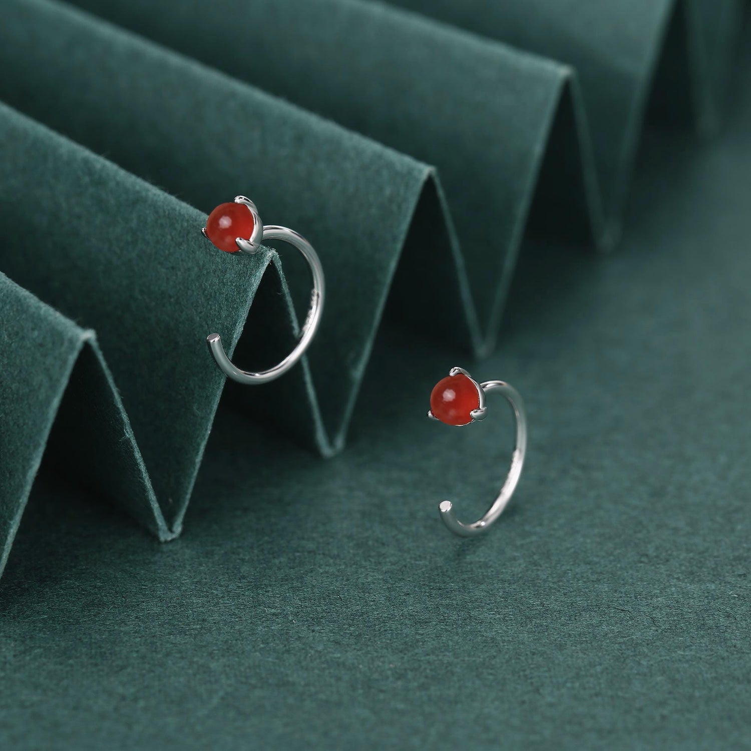 Genuine Red Onyx Huggie Hoop Earrings in Sterling Silver, 3mm Natural Red Chalcedony Open Hoops, Pull Through Threaders, Half Hoops, C Shape