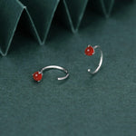 Genuine Red Onyx Huggie Hoop Earrings in Sterling Silver, 3mm Natural Red Chalcedony Open Hoops, Pull Through Threaders, Half Hoops, C Shape