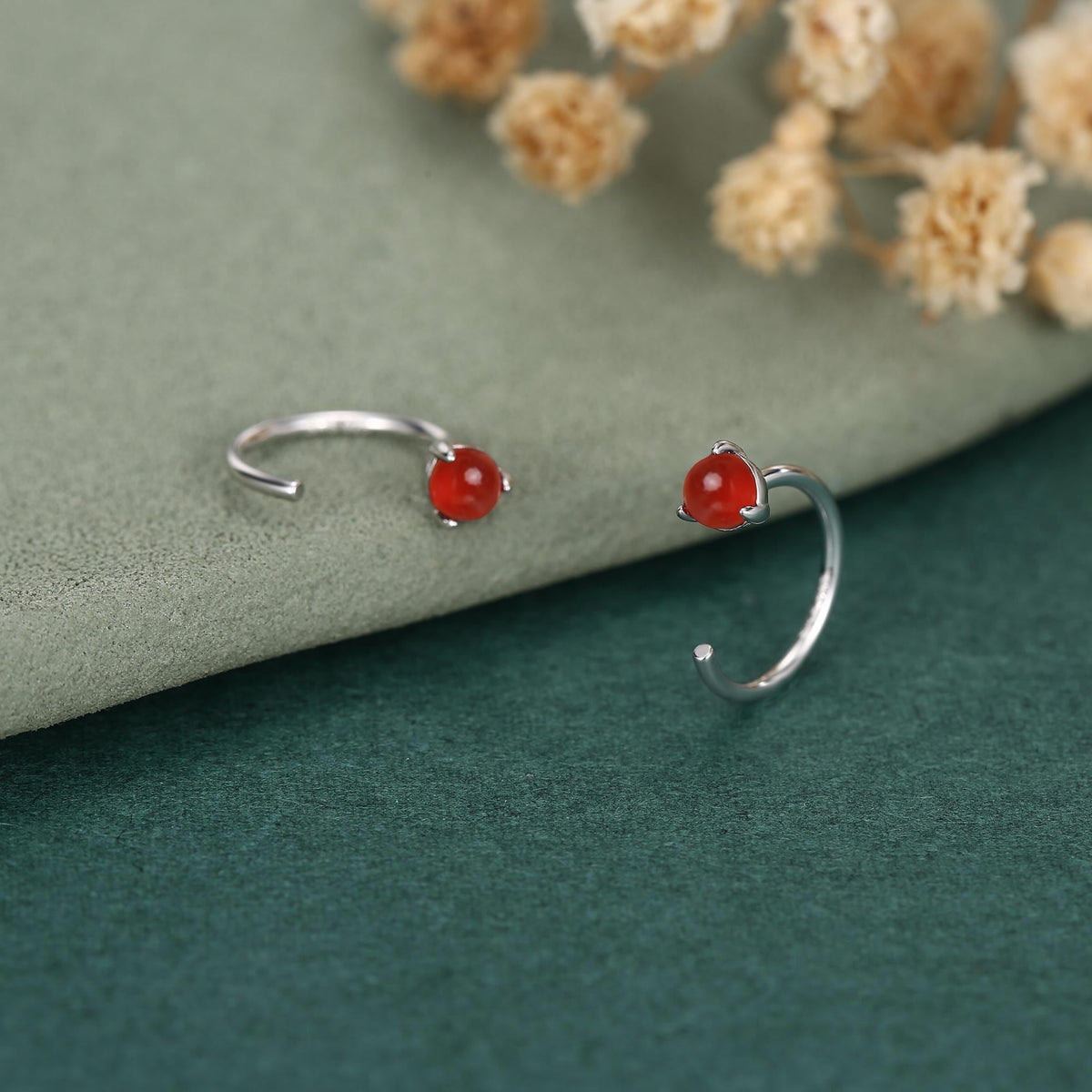 Genuine Red Onyx Huggie Hoop Earrings in Sterling Silver, 3mm Natural Red Chalcedony Open Hoops, Pull Through Threaders, Half Hoops, C Shape