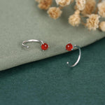 Genuine Red Onyx Huggie Hoop Earrings in Sterling Silver, 3mm Natural Red Chalcedony Open Hoops, Pull Through Threaders, Half Hoops, C Shape