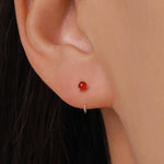 Genuine Red Onyx Huggie Hoop Earrings in Sterling Silver, 3mm Natural Red Chalcedony Open Hoops, Pull Through Threaders, Half Hoops, C Shape