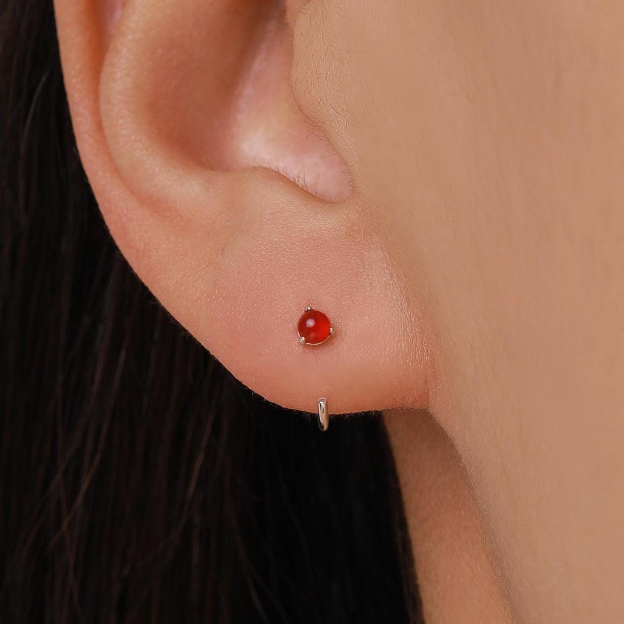 Genuine Red Onyx Huggie Hoop Earrings in Sterling Silver, 3mm Natural Red Chalcedony Open Hoops, Pull Through Threaders, Half Hoops, C Shape