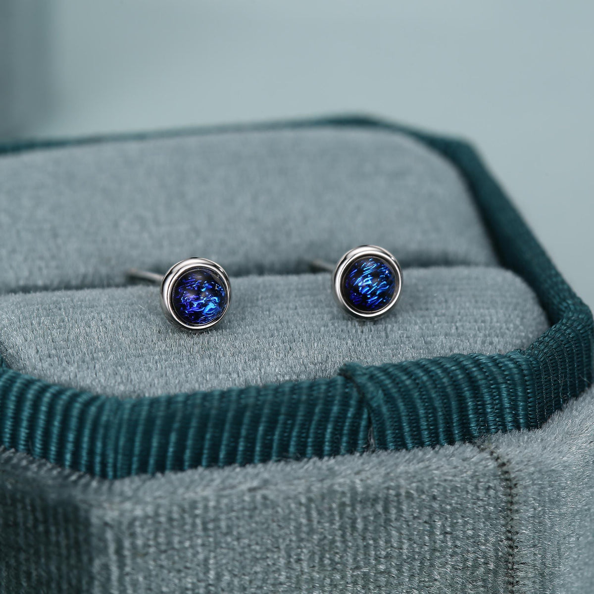 Sterling Silver Gold Dichroic Glass Stud Earrings, 4mm, Glass Crystal Dark Blue - Bezel Setting , Minimalist Style