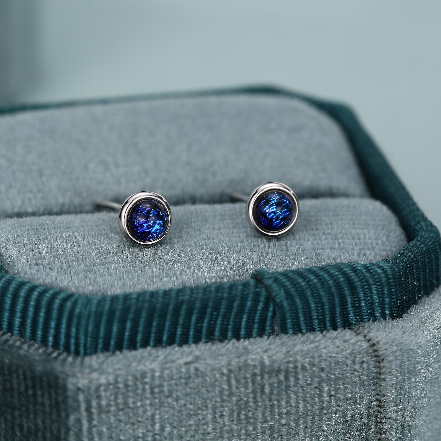 Sterling Silver Gold Dichroic Glass Stud Earrings, 4mm, Glass Crystal Dark Blue - Bezel Setting , Minimalist Style