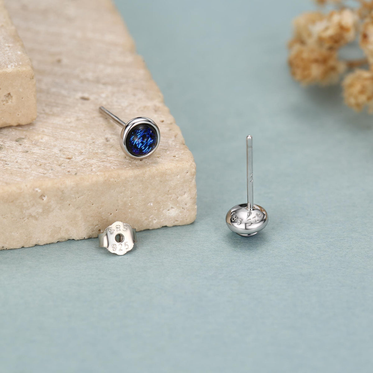 Sterling Silver Gold Dichroic Glass Stud Earrings, 4mm, Glass Crystal Dark Blue - Bezel Setting , Minimalist Style