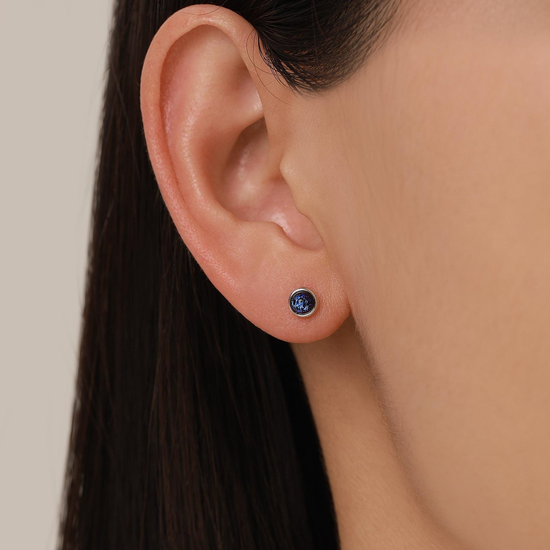 Sterling Silver Gold Dichroic Glass Stud Earrings, 4mm, Glass Crystal Dark Blue - Bezel Setting , Minimalist Style