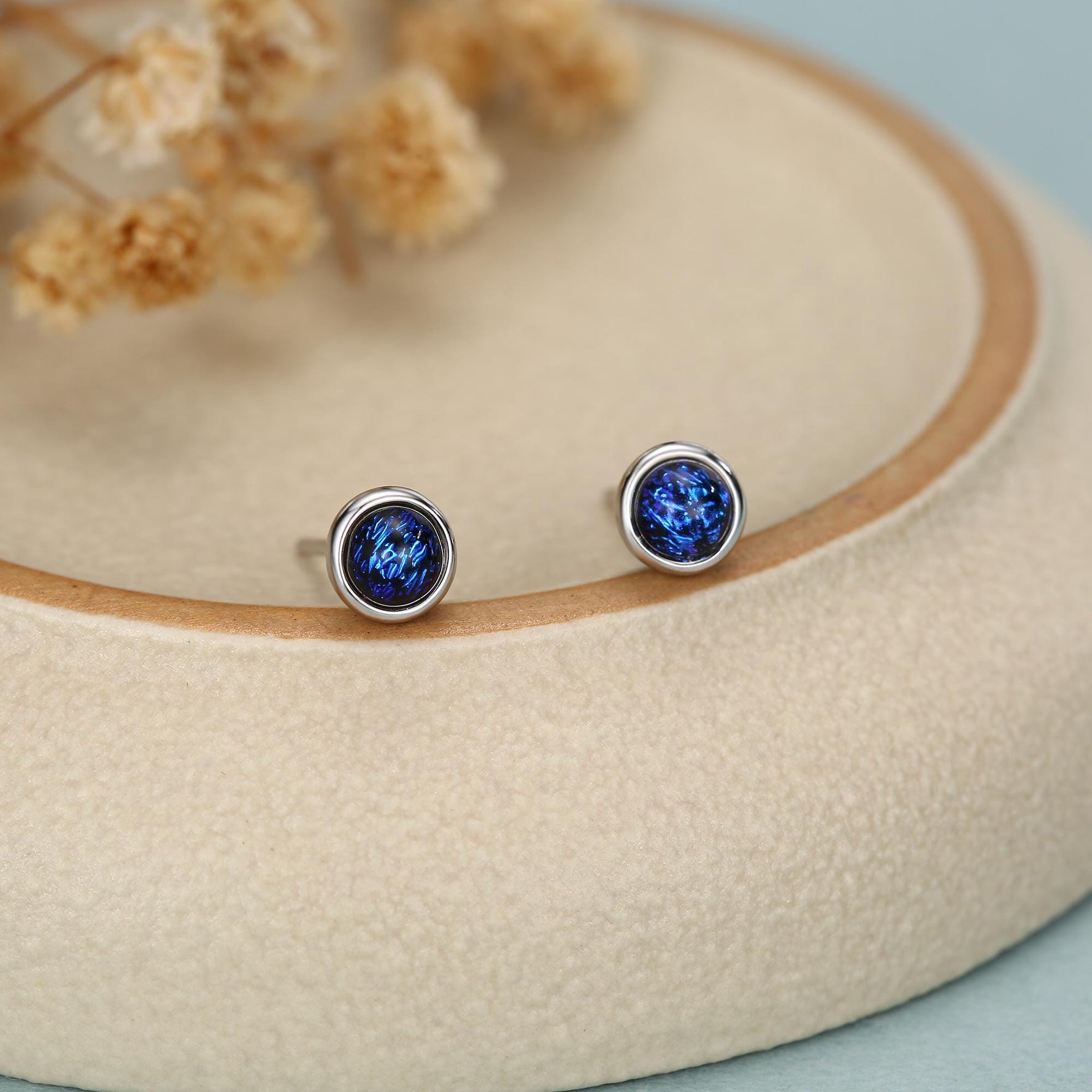Sterling Silver Gold Dichroic Glass Stud Earrings, 4mm, Glass Crystal Dark Blue - Bezel Setting , Minimalist Style