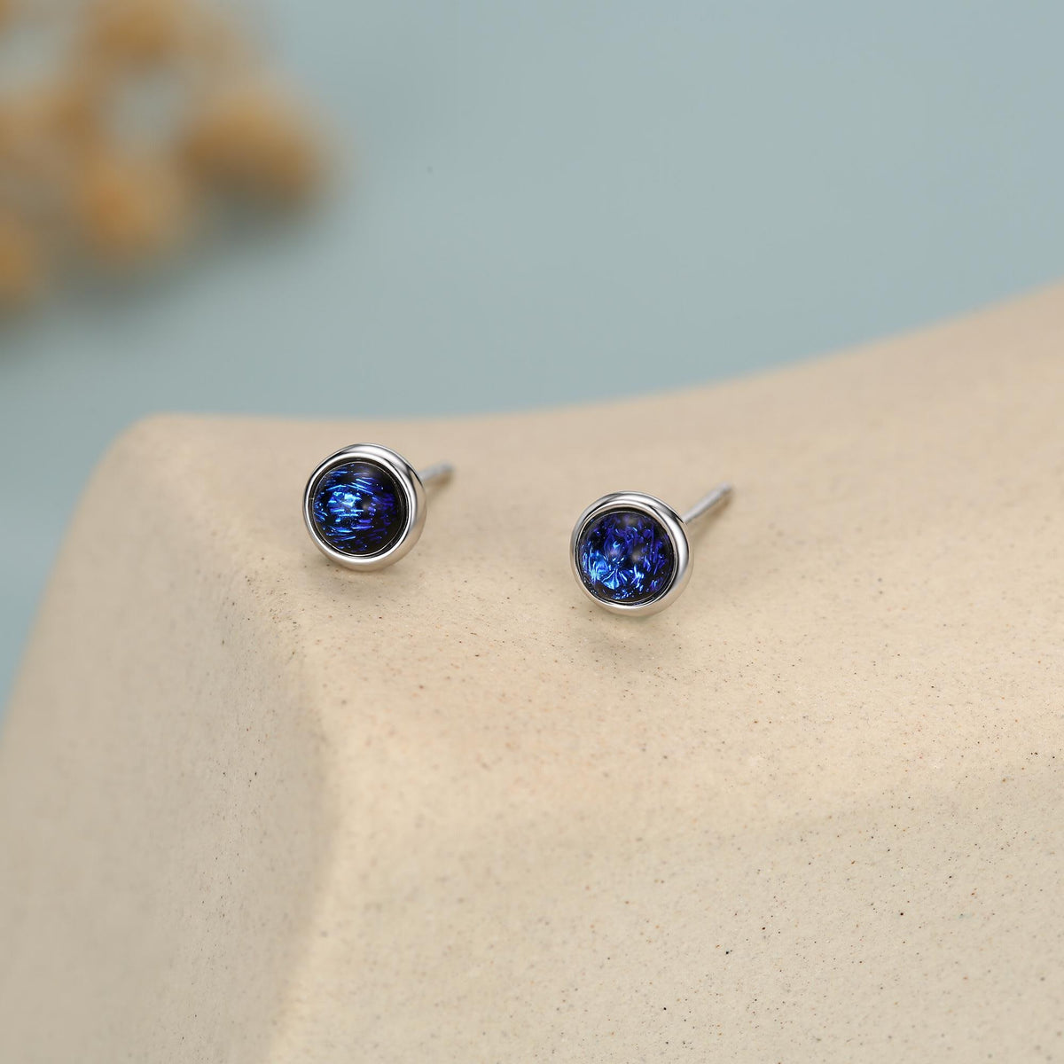 Sterling Silver Gold Dichroic Glass Stud Earrings, 4mm, Glass Crystal Dark Blue - Bezel Setting , Minimalist Style