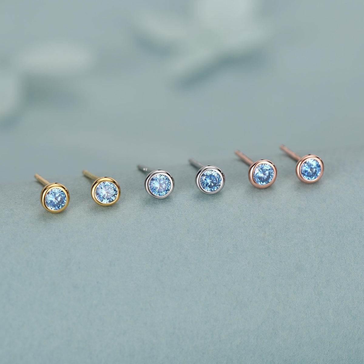 Sterling Silver Aquamarine Blue CZ Stud Earrings, 4mm March Birthstone CZ Earrings, Silver, Gold or Rose Gold, Stacking Earrings