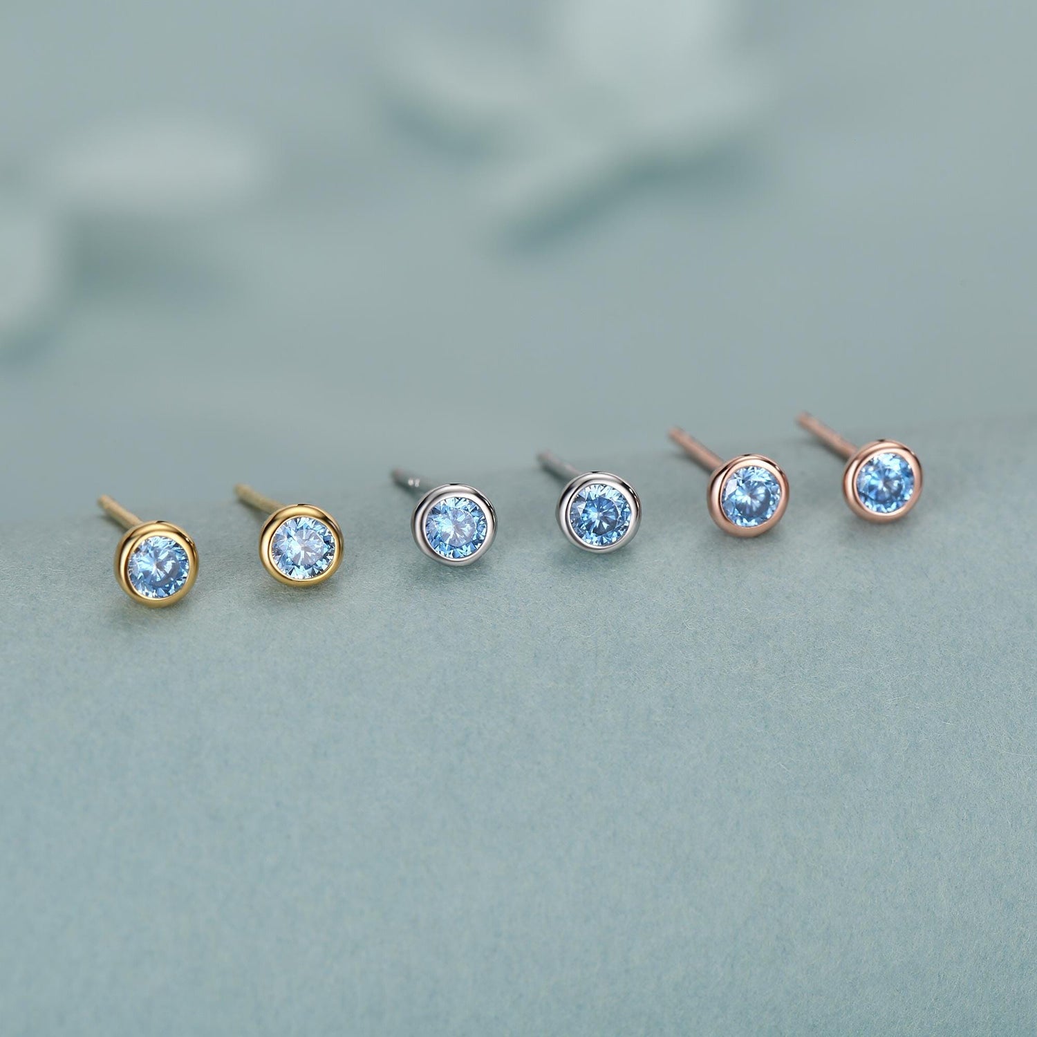 Sterling Silver Aquamarine Blue CZ Stud Earrings, 4mm March Birthstone CZ Earrings, Silver, Gold or Rose Gold, Stacking Earrings