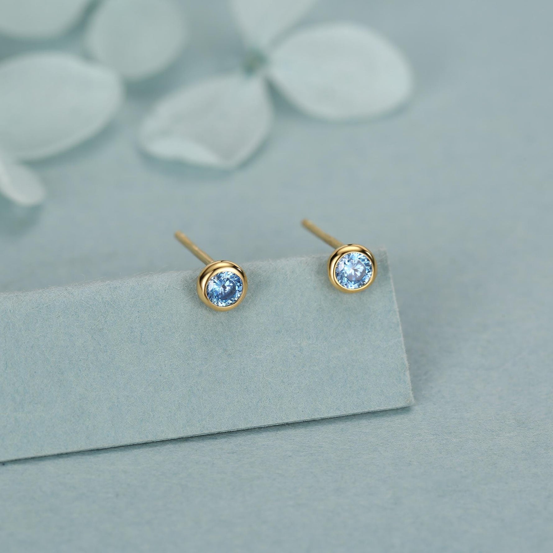 Sterling Silver Aquamarine Blue CZ Stud Earrings, 4mm March Birthstone CZ Earrings, Silver, Gold or Rose Gold, Stacking Earrings