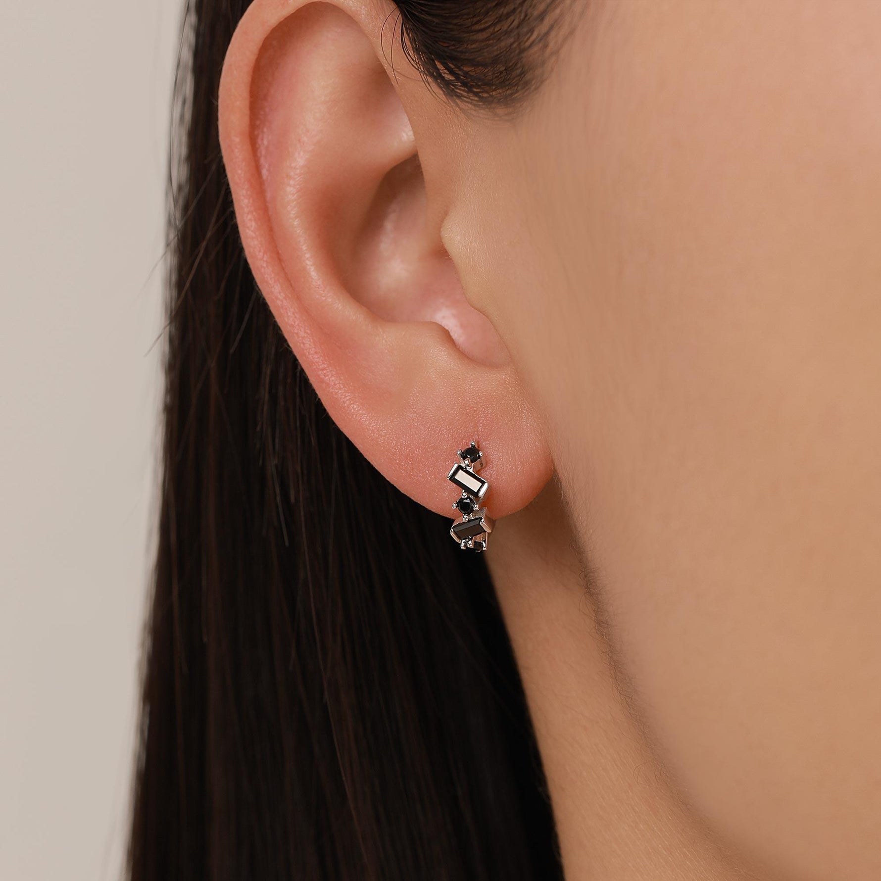 Onyx Black Baguette CZ Cluster Huggie Hoop in Sterling Silver, Silver or Gold, Geometric Hoop Earrings, Irregular Shaped