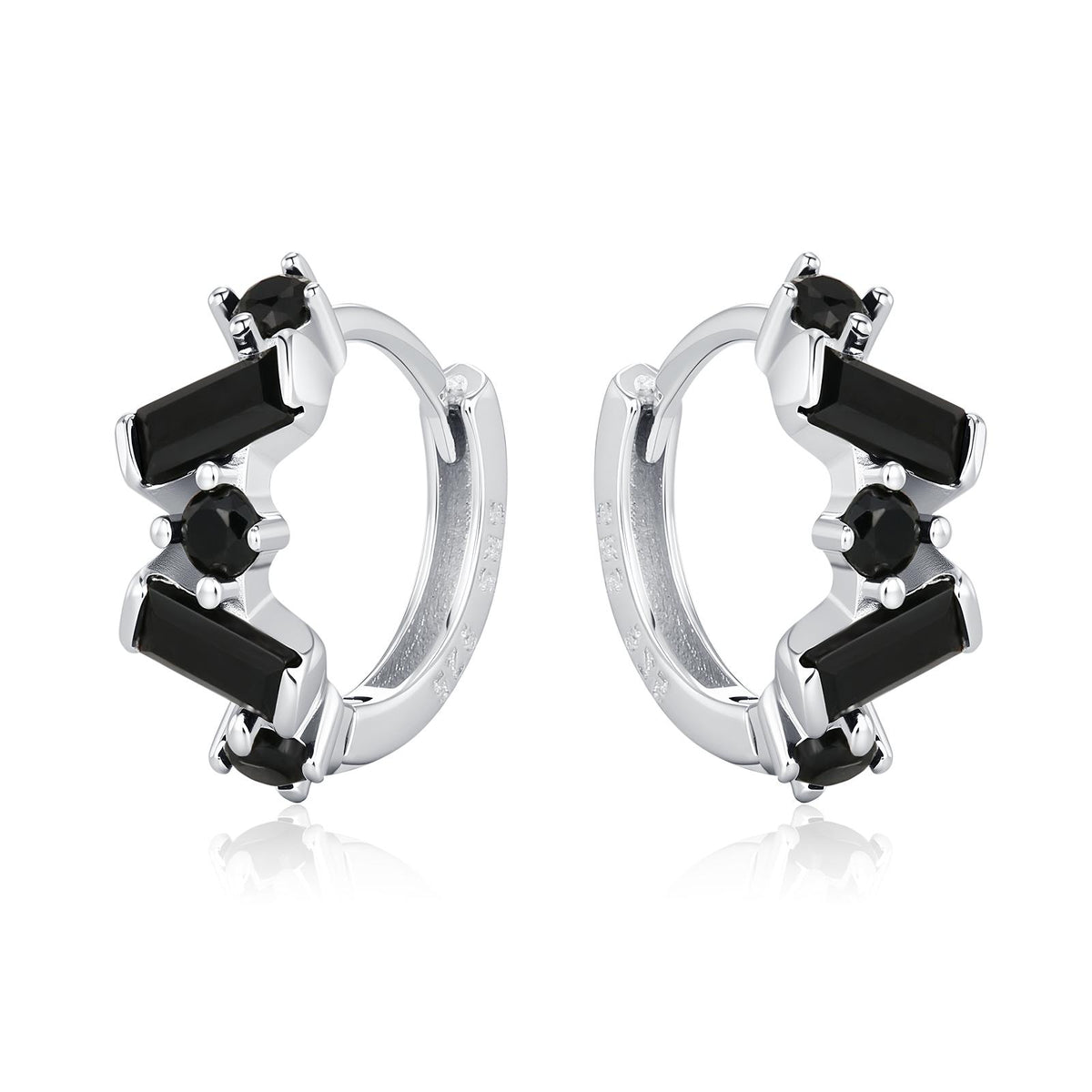 Onyx Black Baguette CZ Cluster Huggie Hoop in Sterling Silver, Silver or Gold, Geometric Hoop Earrings, Irregular Shaped