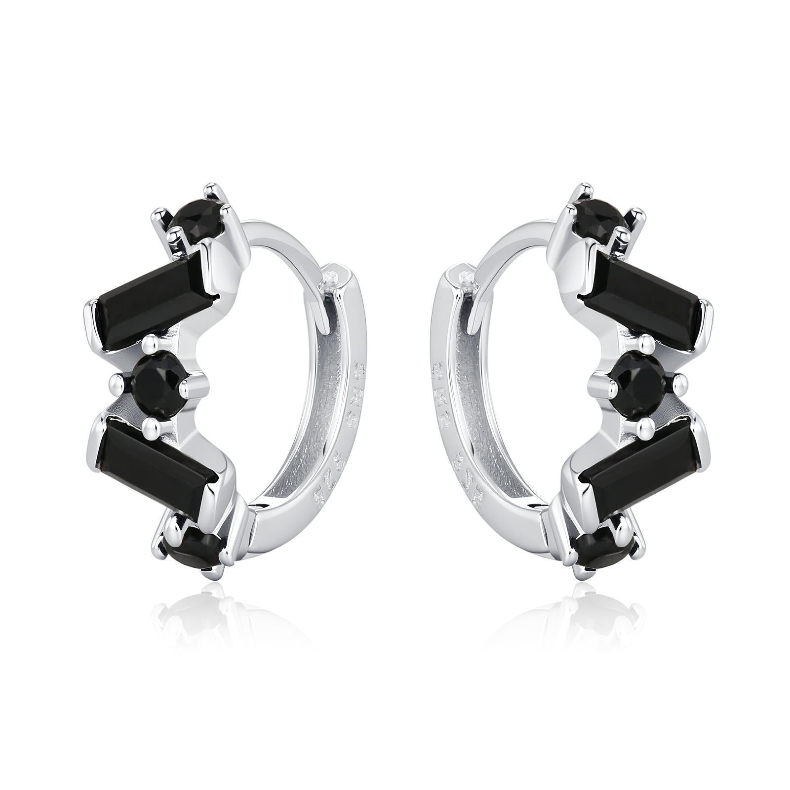 Onyx Black Baguette CZ Cluster Huggie Hoop in Sterling Silver, Silver or Gold, Geometric Hoop Earrings, Irregular Shaped