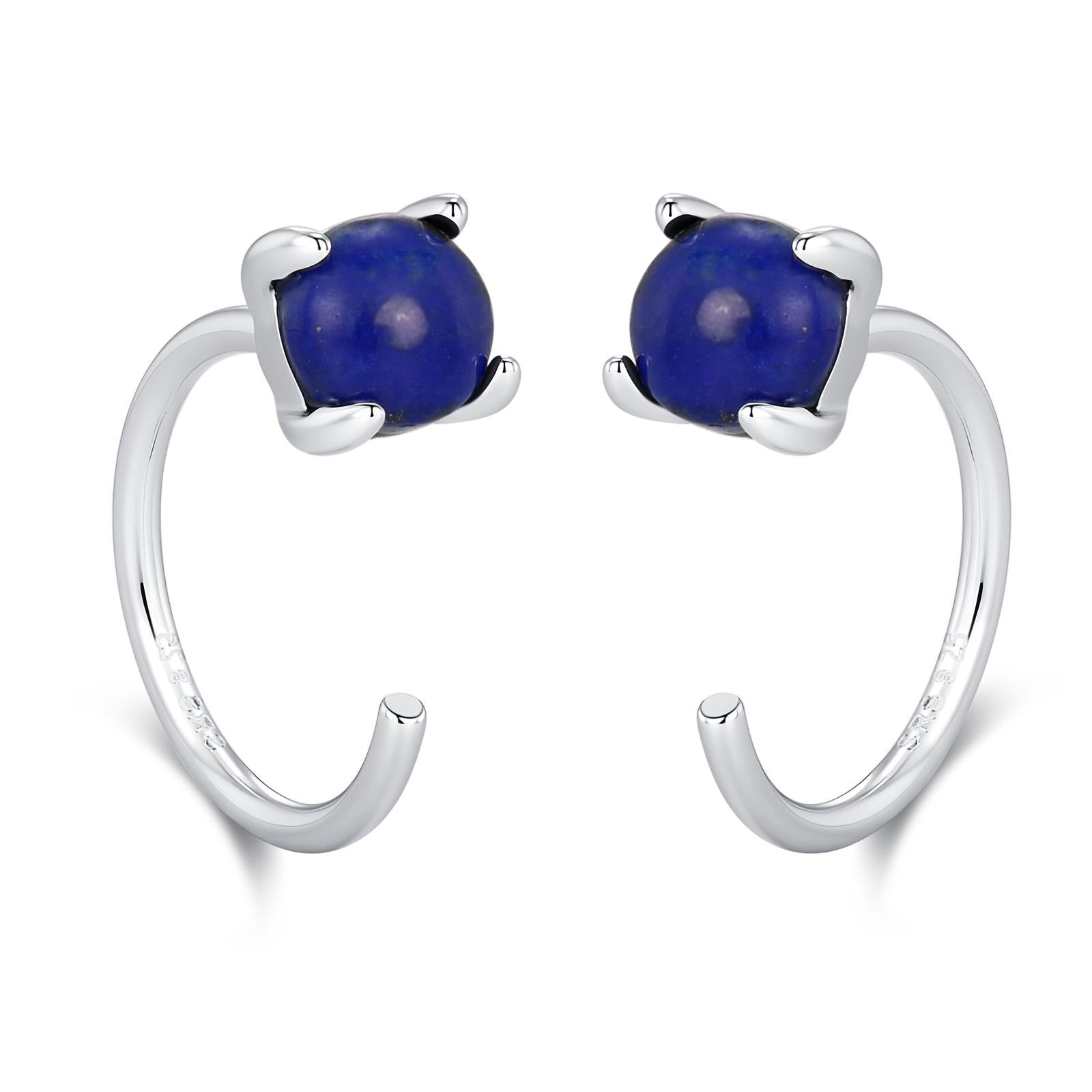 Genuine Lapis Lazuli Huggie Hoop Earrings in Sterling Silver, 4mm Natural Blue Lapis Open Hoops, Pull Through Threaders, Half Hoops, C Shape