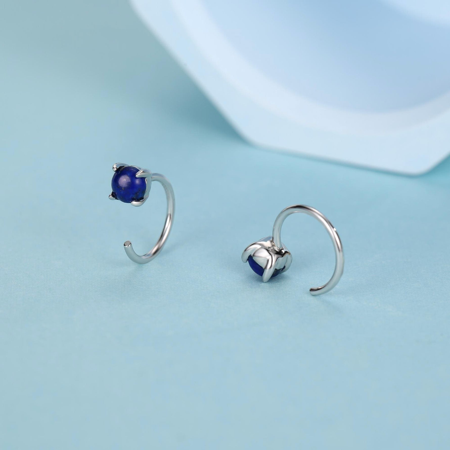Genuine Lapis Lazuli Huggie Hoop Earrings in Sterling Silver, 4mm Natural Blue Lapis Open Hoops, Pull Through Threaders, Half Hoops, C Shape