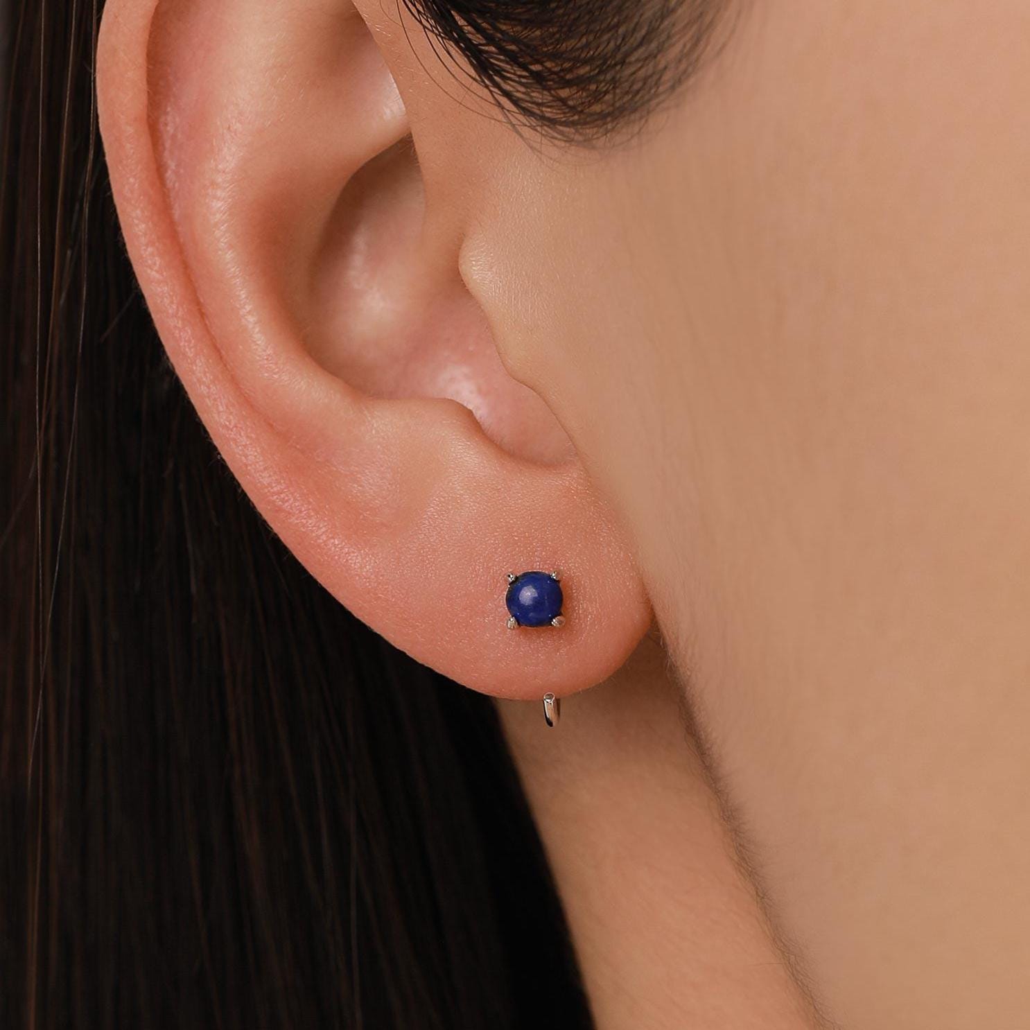 Genuine Lapis Lazuli Huggie Hoop Earrings in Sterling Silver, 4mm Natural Blue Lapis Open Hoops, Pull Through Threaders, Half Hoops, C Shape