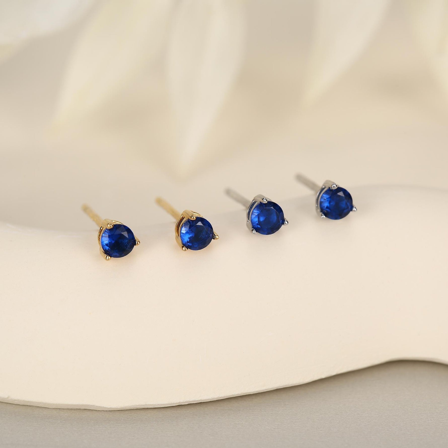 Extra Tiny Sapphire Blue Crystal CZ Stud Earrings in Sterling Silver, Three Prong 2mm Teeny Tiny Stud