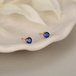 Extra Tiny Sapphire Blue Crystal CZ Stud Earrings in Sterling Silver, Three Prong 2mm Teeny Tiny Stud