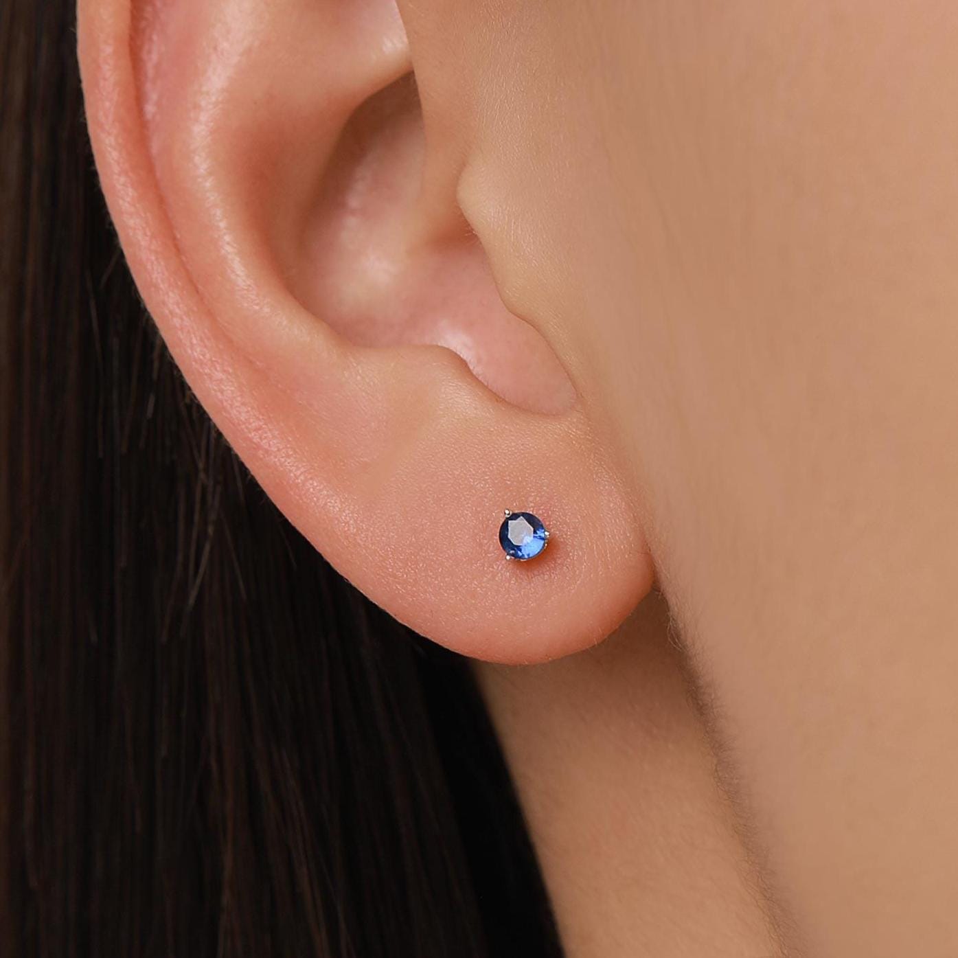Extra Tiny Sapphire Blue Crystal CZ Stud Earrings in Sterling Silver, Three Prong 2mm Teeny Tiny Stud