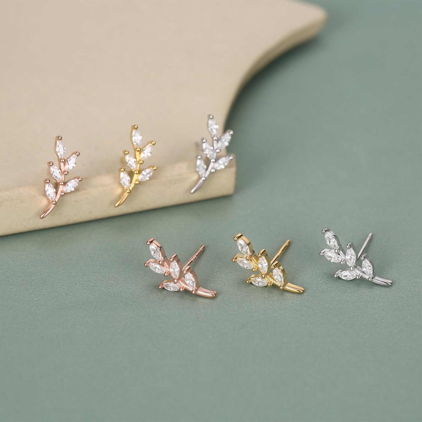 CZ Leaf Stud Earrings in Sterling Silver, Silver or Gold, Olive Branch Earrings, Olive Leaf Earrings, Nature Inspired