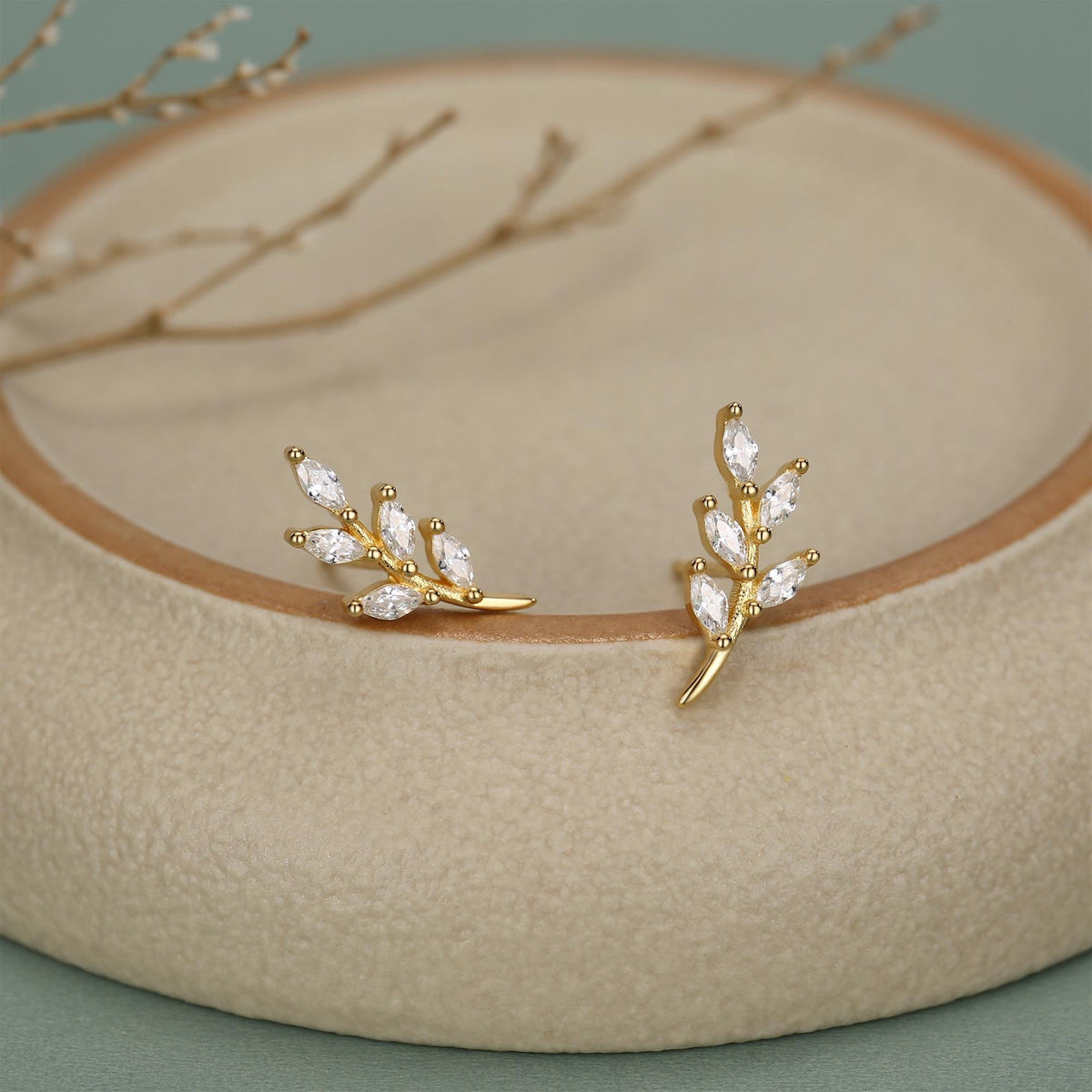 CZ Leaf Stud Earrings in Sterling Silver, Silver or Gold, Olive Branch Earrings, Olive Leaf Earrings, Nature Inspired